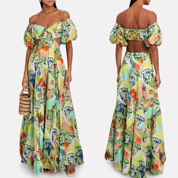 STAUD Dress Coliseum Tropical Printed Linen Cut Out Maxi Dress Multi Size 6 - Picture 1 of 13